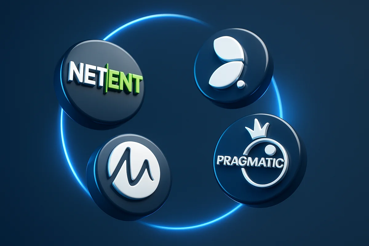 Logos der führenden Spielehersteller wie NetEnt, Evolution Gaming, Microgaming und Pragmatic Play